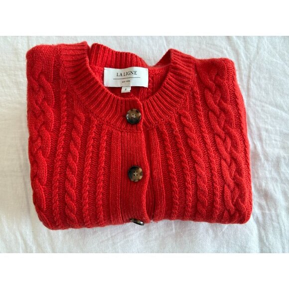 RARE La Ligne Campagne Red Cable Knit Cardigan (Size Small) - Picture 2 of 6